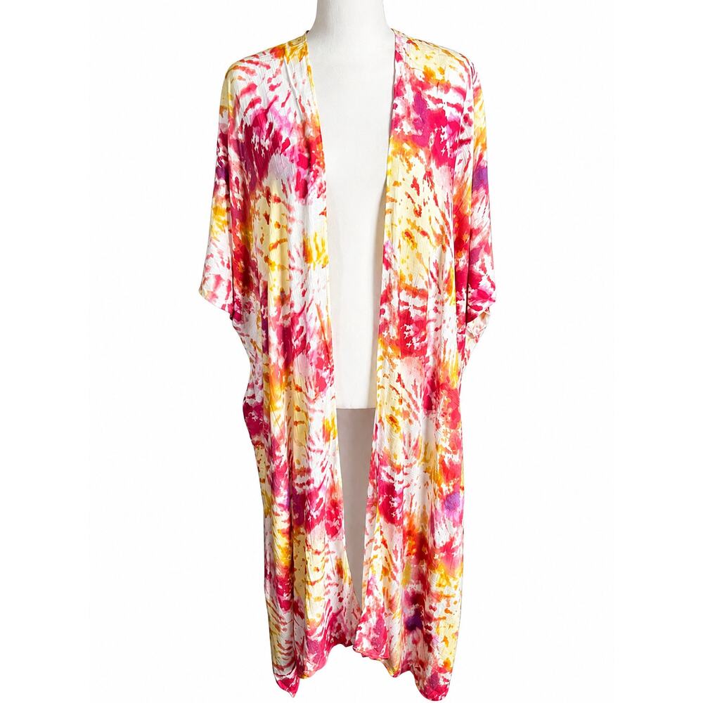 Torrid Pink Yellow Tie Dye Long Kimono Duster Women's 2 Swim Cover Up NEW